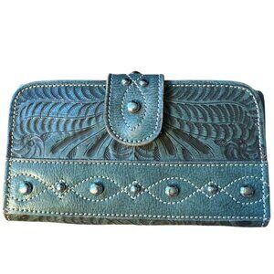 American West Hand Tooled Tri-Fold Leather Wallet Snap Antiqued Green Studs